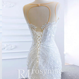 Keyhole Back Cape Wedding Dress Sheer Scoop Mermaid Bridal Gown - Rosymae