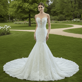 Keyhole Back Cape Wedding Dress Sheer Scoop Mermaid Bridal Gown - Rosymae