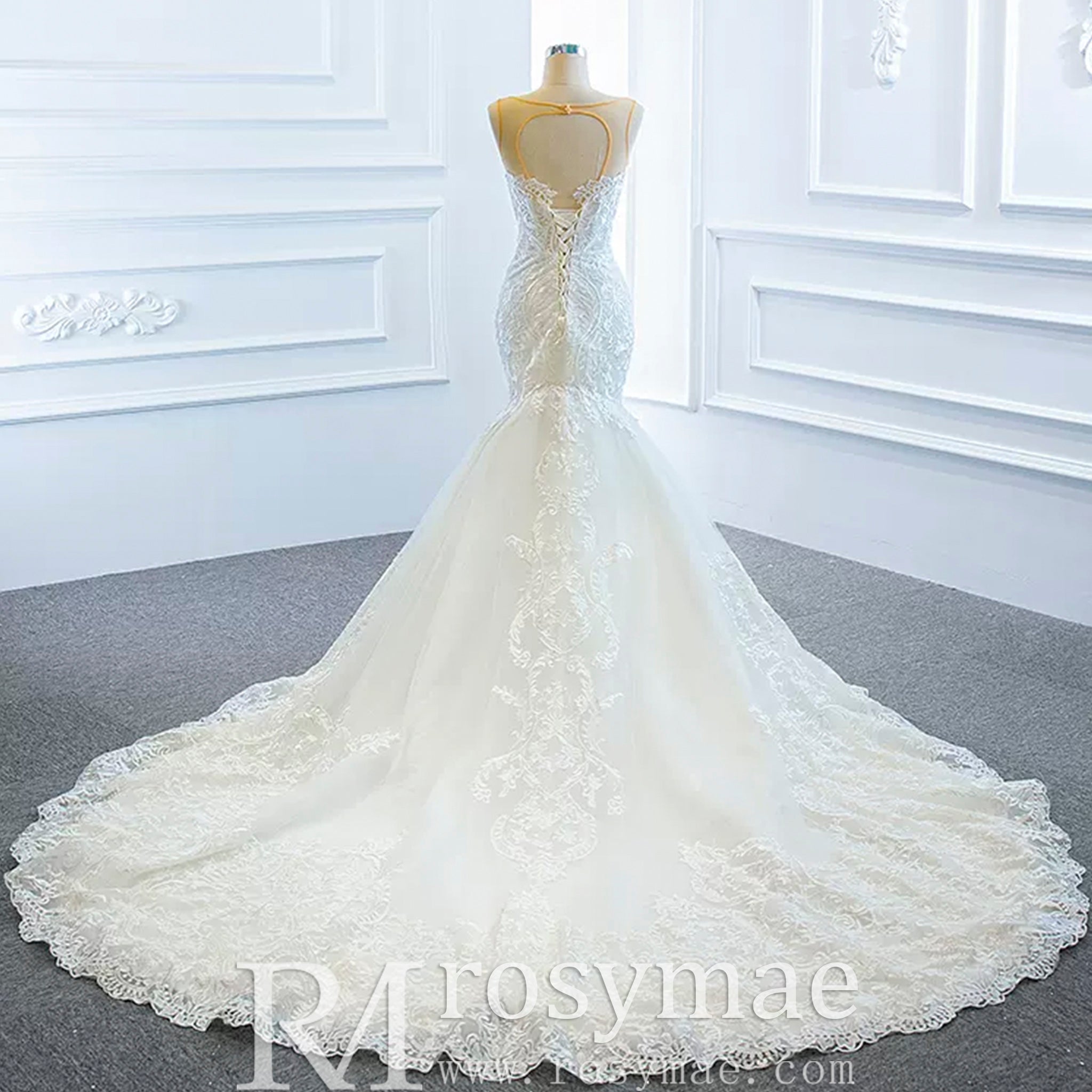 Keyhole Back Cape Wedding Dress Sheer Scoop Mermaid Bridal Gown - Rosymae