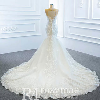 Keyhole Back Cape Wedding Dress Sheer Scoop Mermaid Bridal Gown - Rosymae