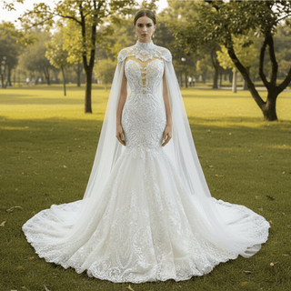 Keyhole Back Cape Wedding Dress Sheer Scoop Mermaid Bridal Gown - Rosymae