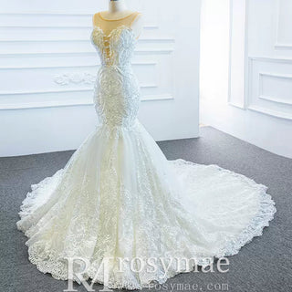 Keyhole Back Cape Wedding Dress Sheer Scoop Mermaid Bridal Gown - Rosymae