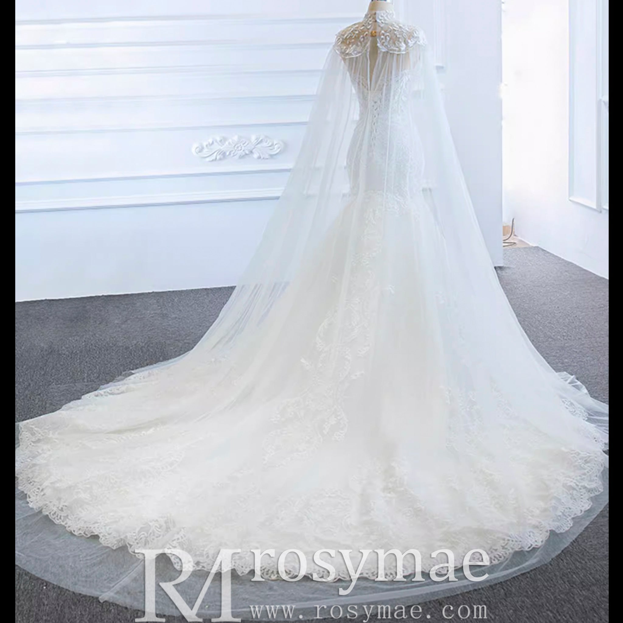 Keyhole Back Cape Wedding Dress Sheer Scoop Mermaid Bridal Gown - Rosymae