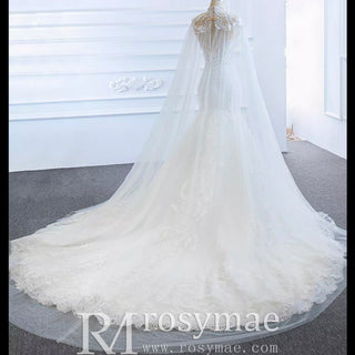 Keyhole Back Cape Wedding Dress Sheer Scoop Mermaid Bridal Gown - Rosymae