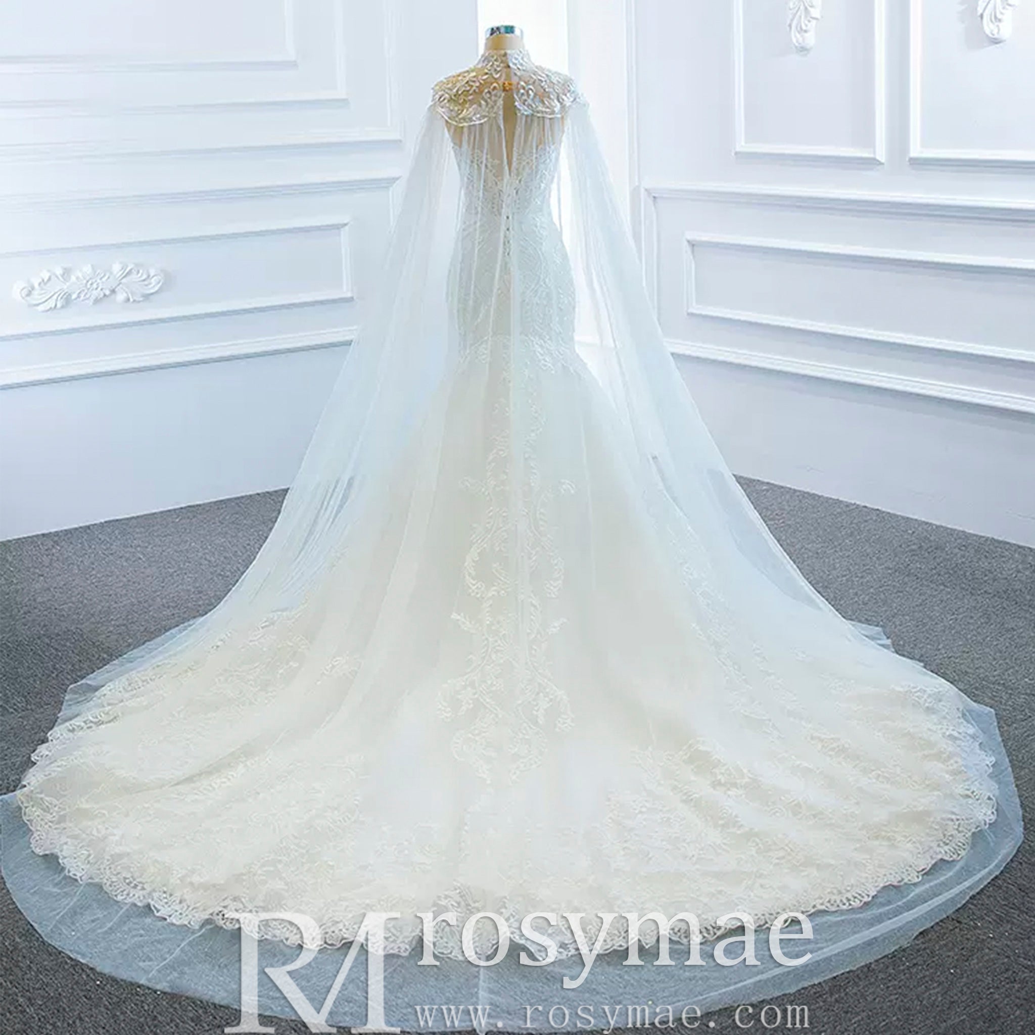 Keyhole Back Cape Wedding Dress Sheer Scoop Mermaid Bridal Gown - Rosymae