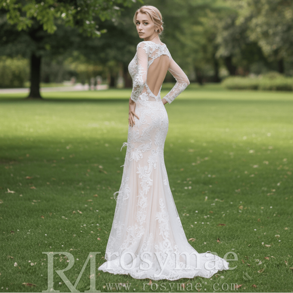 Keyhole Back Long Sleeve Low V Neck Mermaid Wedding Dress - Rosymae