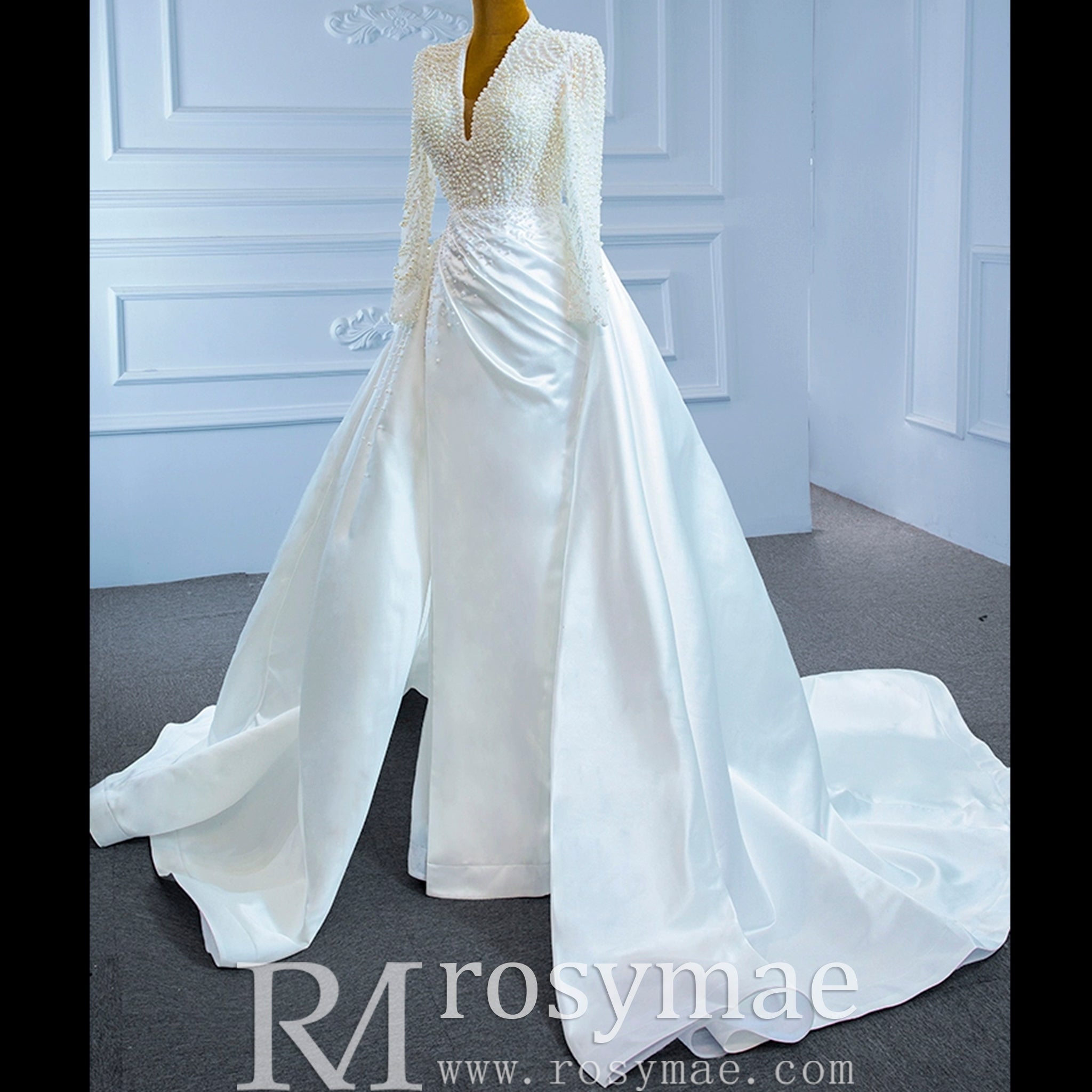 Keyhole Back Modest V-neck Pearl Satin Wedding Dress with Leg Slit - Rosymae