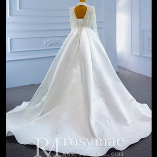 Keyhole Back Modest V-neck Pearl Satin Wedding Dress with Leg Slit - Rosymae
