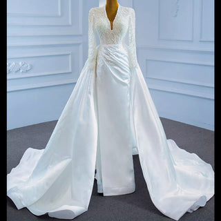 Keyhole Back Modest V-neck Pearl Satin Wedding Dress with Leg Slit - Rosymae