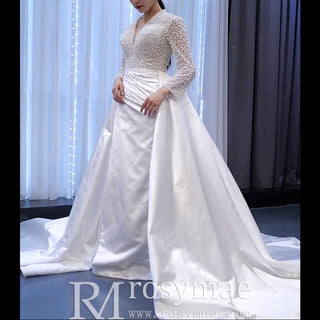 Keyhole Back Modest V-neck Pearl Satin Wedding Dress with Leg Slit - Rosymae