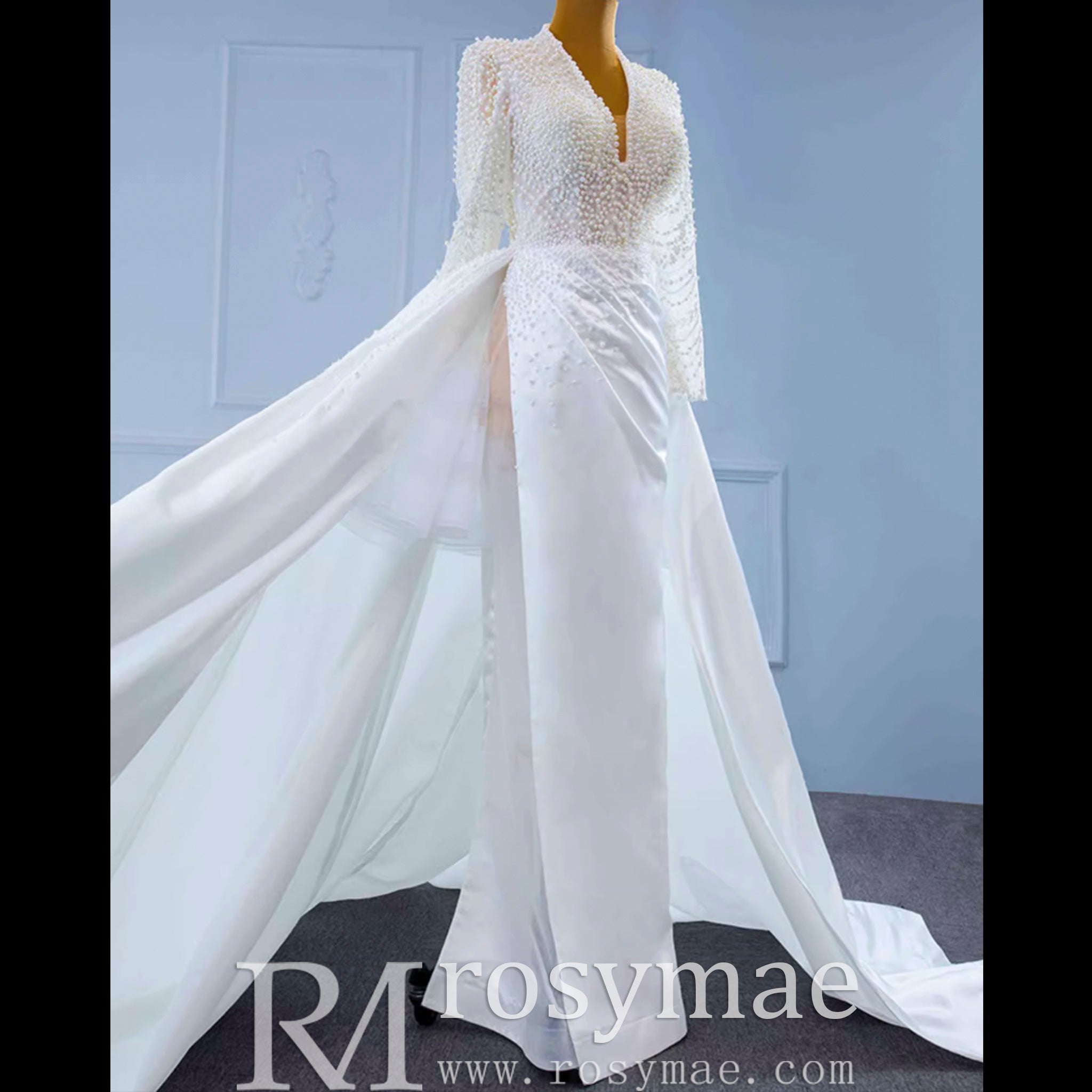 Keyhole Back Modest V-neck Pearl Satin Wedding Dress with Leg Slit - Rosymae