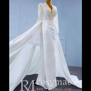 Keyhole Back Modest V-neck Pearl Satin Wedding Dress with Leg Slit - Rosymae