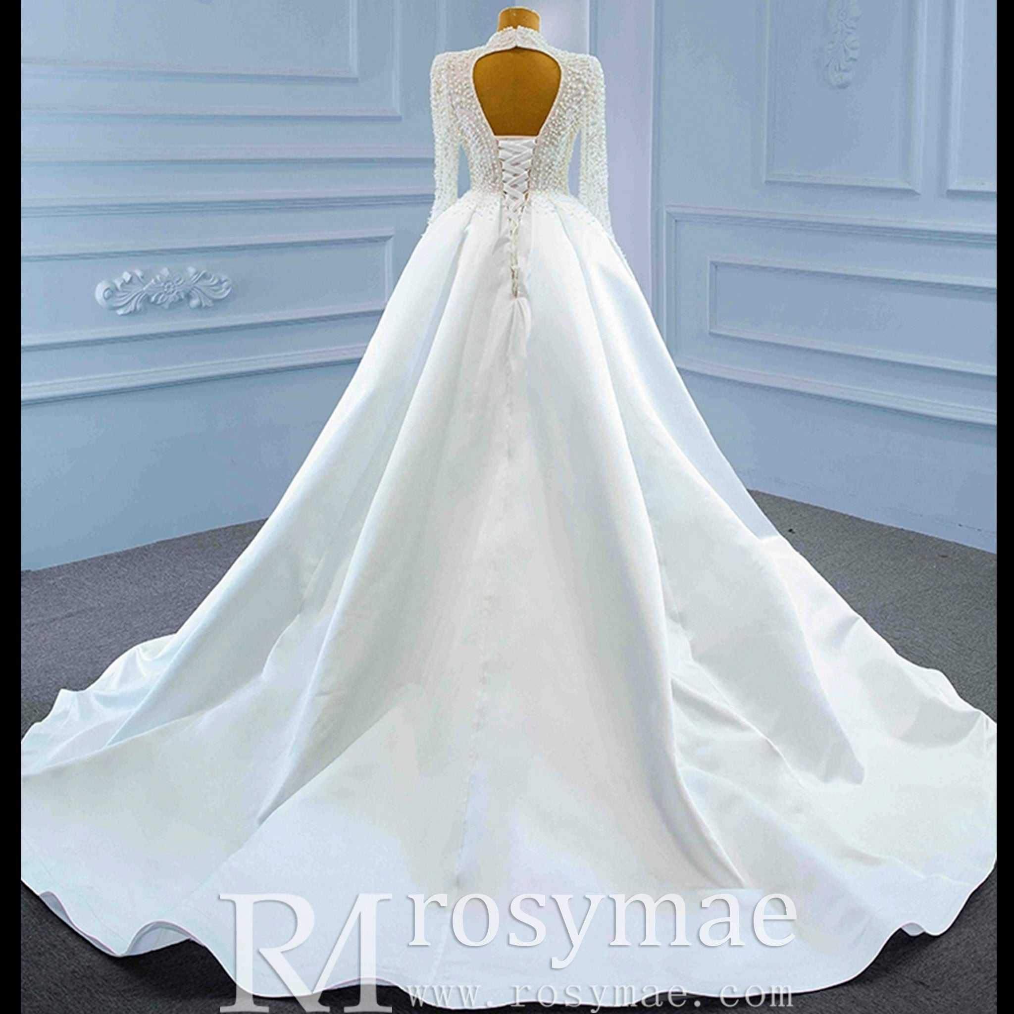 Keyhole Back Modest V-neck Pearl Satin Wedding Dress with Leg Slit - Rosymae