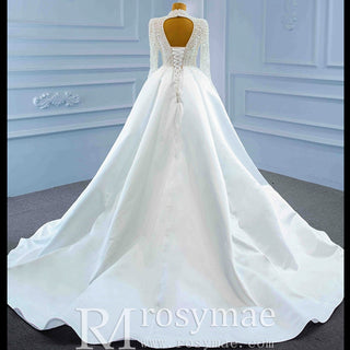 Keyhole Back Modest V-neck Pearl Satin Wedding Dress with Leg Slit - Rosymae