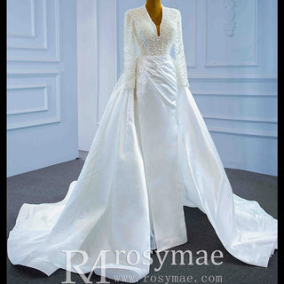 Keyhole Back Modest V-neck Pearl Satin Wedding Dress with Leg Slit - Rosymae