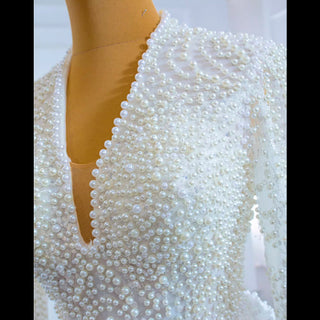 Keyhole Back Modest V-neck Pearl Satin Wedding Dress with Leg Slit - Rosymae