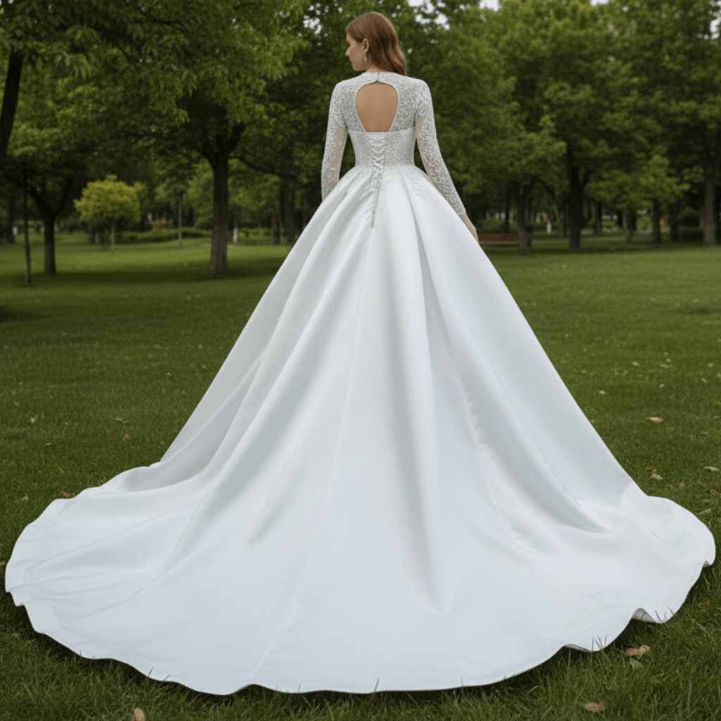 Keyhole Back Modest V-neck Pearl Satin Wedding Dress with Leg Slit - Rosymae