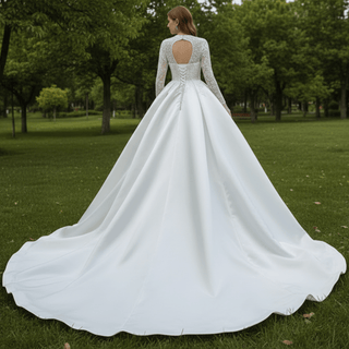Keyhole Back Modest V-neck Pearl Satin Wedding Dress with Leg Slit - Rosymae