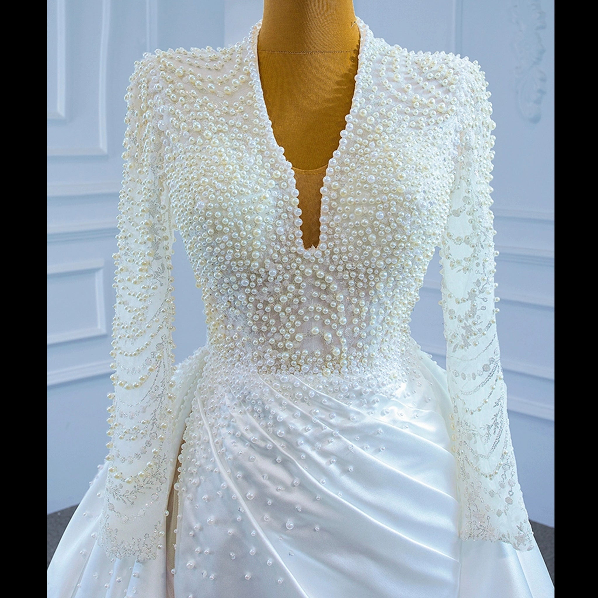 Keyhole Back Modest V-neck Pearl Satin Wedding Dress with Leg Slit - Rosymae