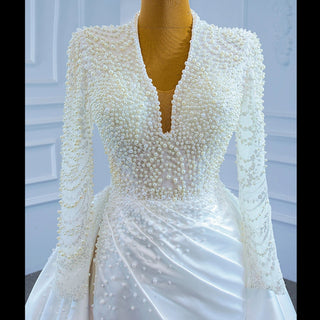 Keyhole Back Modest V-neck Pearl Satin Wedding Dress with Leg Slit - Rosymae