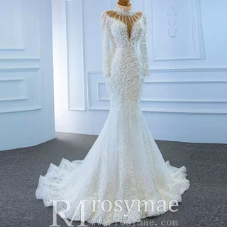 Keyhole High Neck Pearl Mermaid Wedding Dress with Long Sleeves - Rosymae