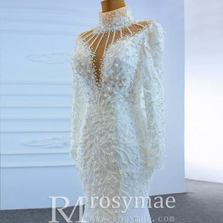 Keyhole High Neck Pearl Mermaid Wedding Dress with Long Sleeves - Rosymae