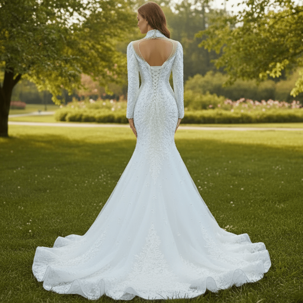 Keyhole High Neck Pearl Mermaid Wedding Dress with Long Sleeves - Rosymae