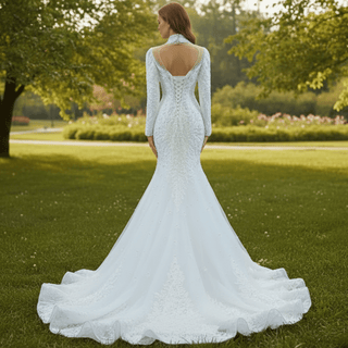 Keyhole High Neck Pearl Mermaid Wedding Dress with Long Sleeves - Rosymae
