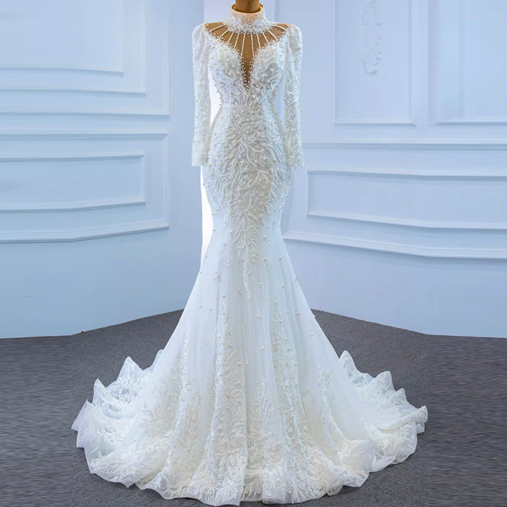 Keyhole High Neck Pearl Mermaid Wedding Dress with Long Sleeves - Rosymae