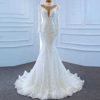 Keyhole High Neck Pearl Mermaid Wedding Dress with Long Sleeves - Rosymae