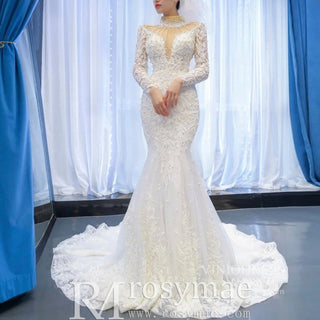 Keyhole High Neck Pearl Mermaid Wedding Dress with Long Sleeves - Rosymae
