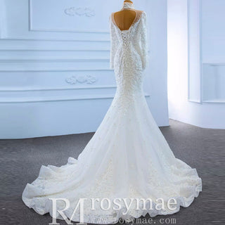 Keyhole High Neck Pearl Mermaid Wedding Dress with Long Sleeves - Rosymae