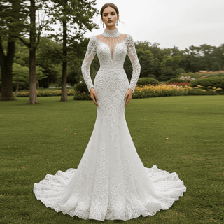 Keyhole High Neck Pearl Mermaid Wedding Dress with Long Sleeves - Rosymae