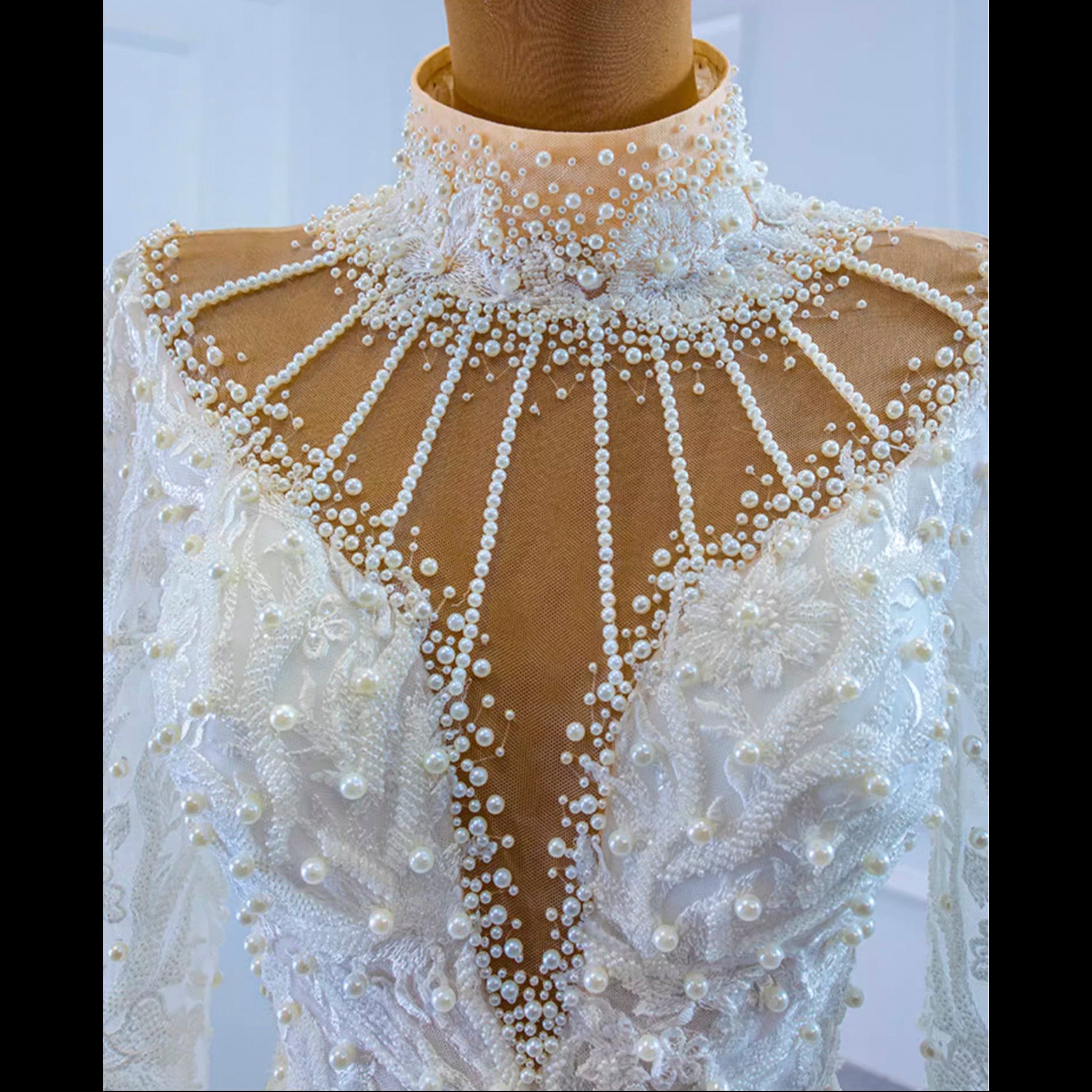 Keyhole High Neck Pearl Mermaid Wedding Dress with Long Sleeves - Rosymae
