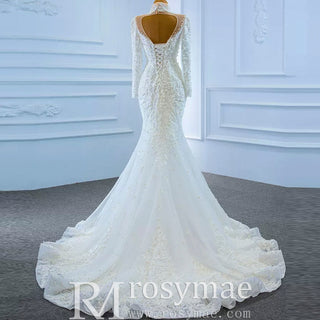 Keyhole High Neck Pearl Mermaid Wedding Dress with Long Sleeves - Rosymae