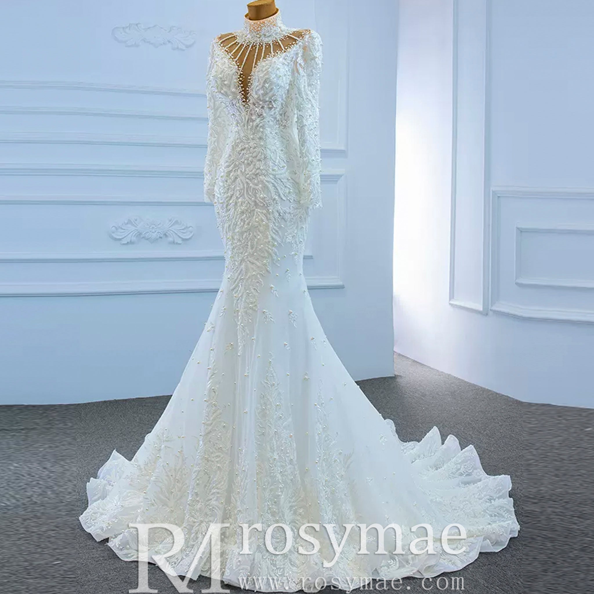 Keyhole High Neck Pearl Mermaid Wedding Dress with Long Sleeves - Rosymae