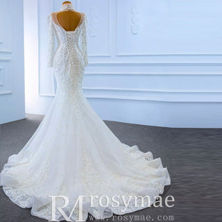 Keyhole High Neck Pearl Mermaid Wedding Dress with Long Sleeves - Rosymae