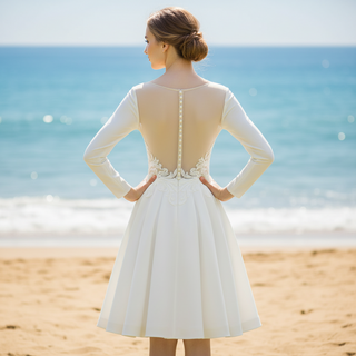 Deep V-neck Informal Long Sleeve Country Knee Length Wedding Dress