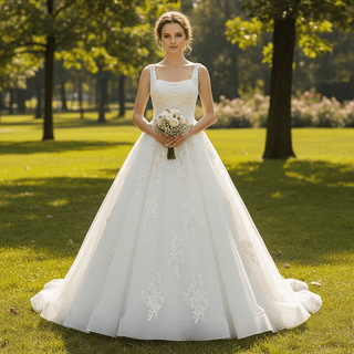 Lace and Tulle A-line Wedding Dress with Square Neckline - Rosymae