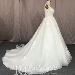 Lace and Tulle A-line Wedding Dress with Square Neckline - Rosymae