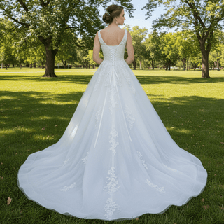 Lace and Tulle A-line Wedding Dress with Square Neckline - Rosymae