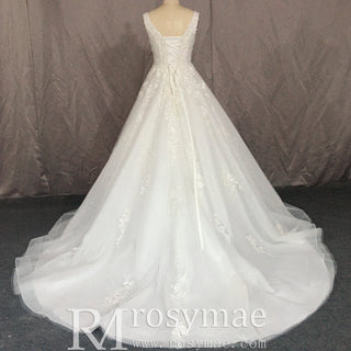 Lace and Tulle A-line Wedding Dress with Square Neckline - Rosymae