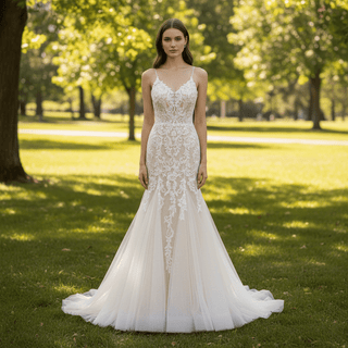 Lace Applique Spaghetti Strap Champagne Mermaid Wedding Dress - Rosymae