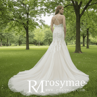 Lace Applique Spaghetti Strap Champagne Mermaid Wedding Dress - Rosymae