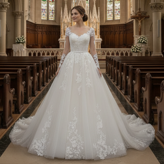 Sheer Long Sleeve Wedding Dress Bridal Gown with Detachable Train
