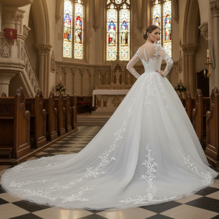 Sheer Long Sleeve Wedding Dress Bridal Gown with Detachable Train