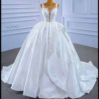 Lace Appliqued Satin Wedding Dress Ball Gown Puffy Bridal Gown - Rosymae