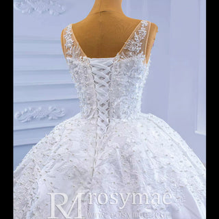 Lace Appliqued Satin Wedding Dress Ball Gown Puffy Bridal Gown - Rosymae