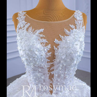 Lace Appliqued Satin Wedding Dress Ball Gown Puffy Bridal Gown - Rosymae