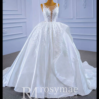 Lace Appliqued Satin Wedding Dress Ball Gown Puffy Bridal Gown - Rosymae